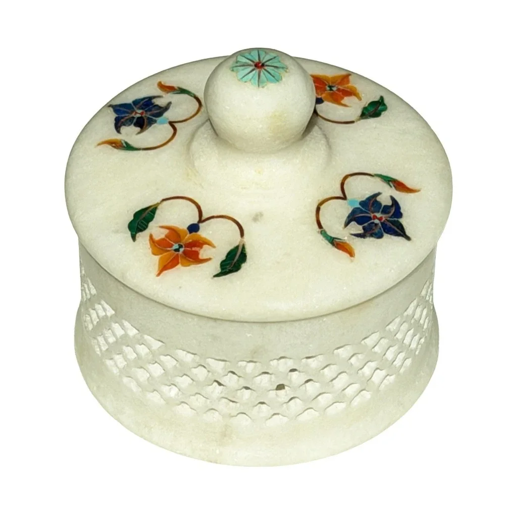 White Marble Ring Jewelry Box Lattice Inlaid Floral Design 2.5